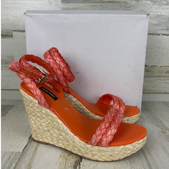Nine West womens 10 orange espadrille woven Henri Round Toe Woven Wedge Sandals - Picture 2 of 7